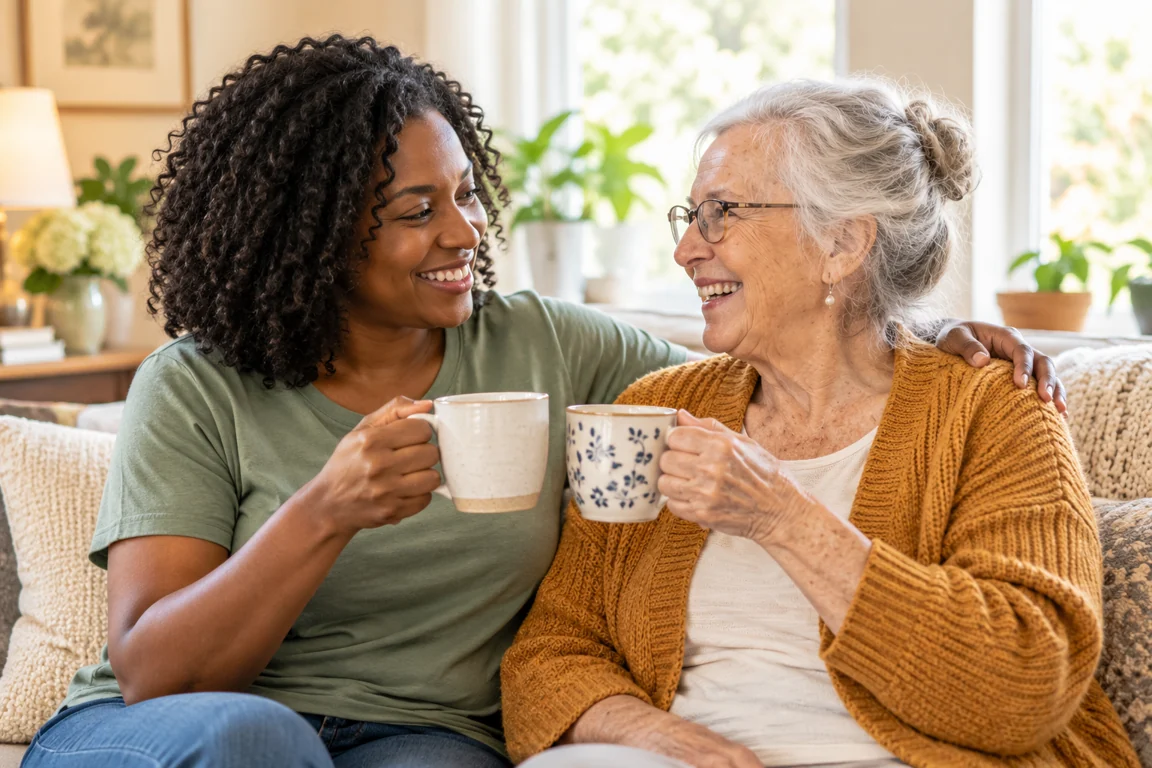 A Black caregiver in a casual T-shirt and an older White woman smiling over tea
