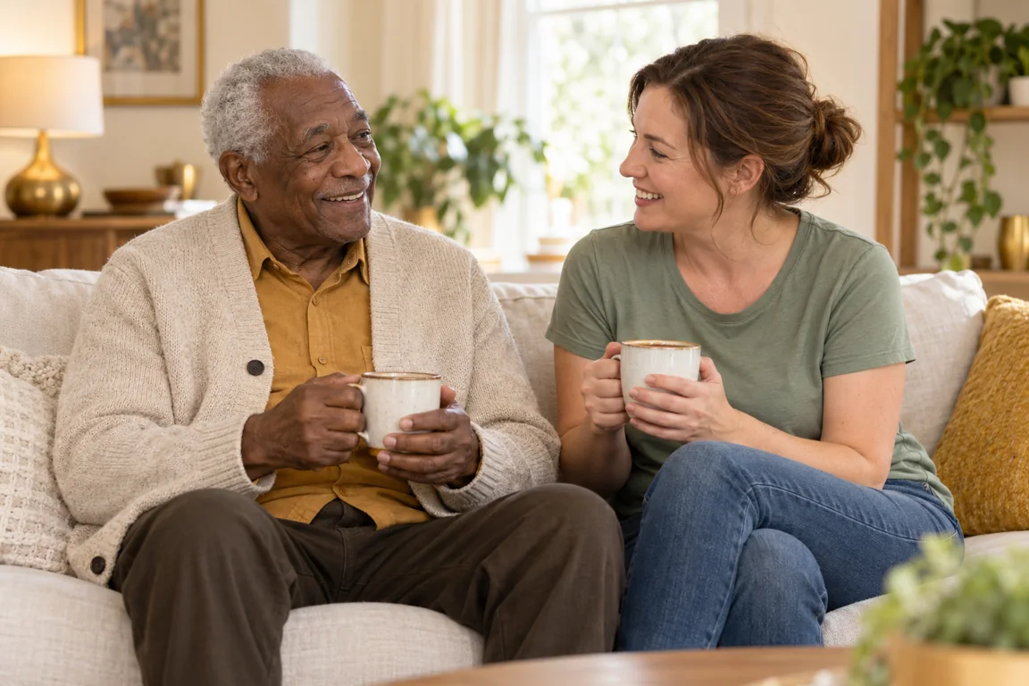 An older Black man sharing tea with a White caregiver in casual clothes